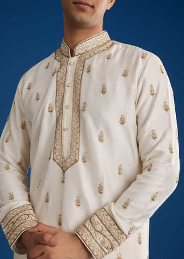 White Rawsilk Kurta Set With Zari Sequins And Cut Dana