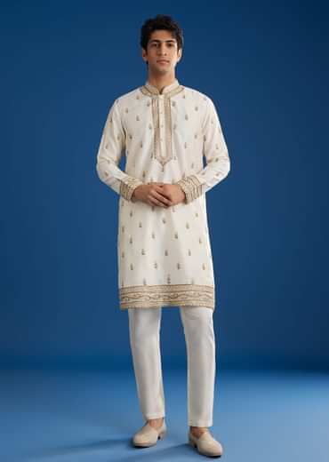 White Rawsilk Kurta Set With Zari Sequins And Cut Dana