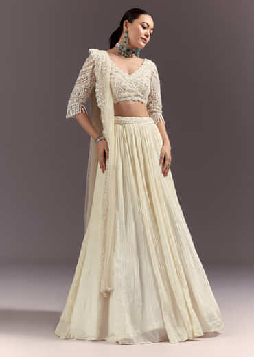 White Rushed Lehenga Set With Cape Dupatta