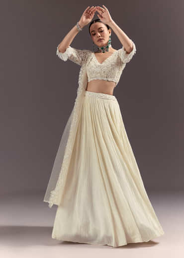 White Rushed Lehenga Set With Cape Dupatta