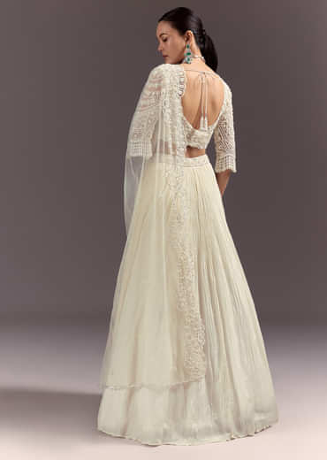 White Rushed Lehenga Set With Cape Dupatta