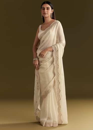 White Satin Embroidered Saree With Gota Patti Work