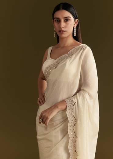 White Satin Embroidered Saree With Gota Patti Work