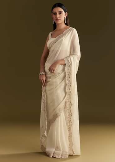 White Satin Embroidered Saree With Gota Patti Work