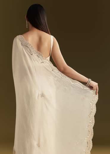 White Satin Embroidered Saree With Gota Patti Work