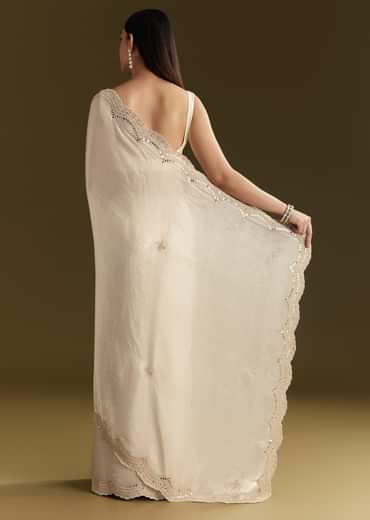 White Satin Embroidered Saree With Gota Patti Work