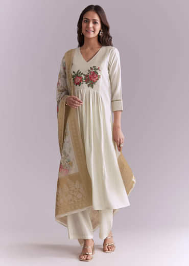 White Silk Anarkali Suit With Rose Motif And Thread Work