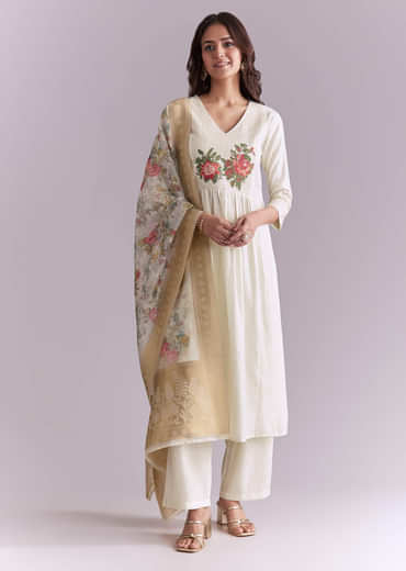 White Silk Anarkali Suit With Rose Motif And Thread Work