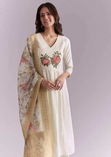 White Silk Anarkali Suit With Rose Motif And Thread Work