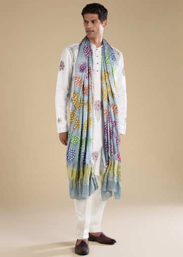 White Silk Blend Mens Kurta Set with Bandhani Dupatta