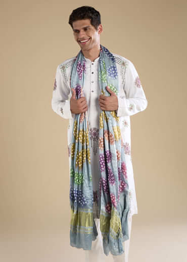 White Silk Blend Mens Kurta Set with Bandhani Dupatta