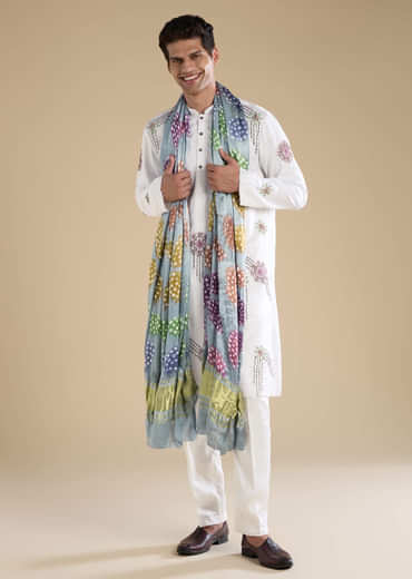 White Silk Blend Mens Kurta Set with Bandhani Dupatta