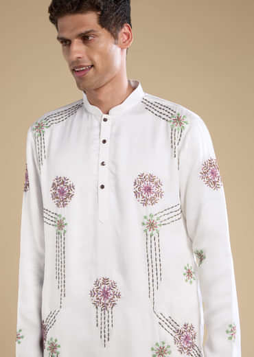 White Silk Blend Mens Kurta Set with Bandhani Dupatta