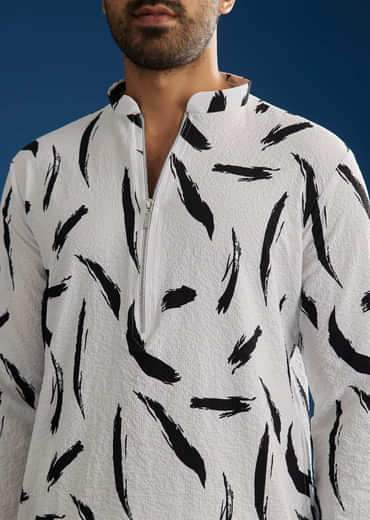 White Silk Kurta Set With Abstract Prints