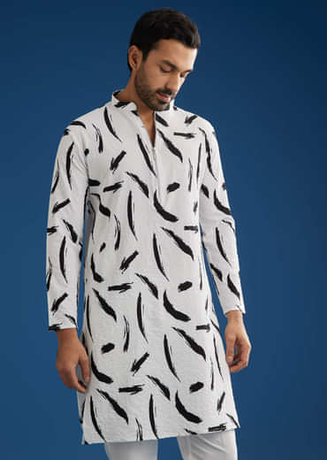 White Silk Kurta Set With Abstract Prints