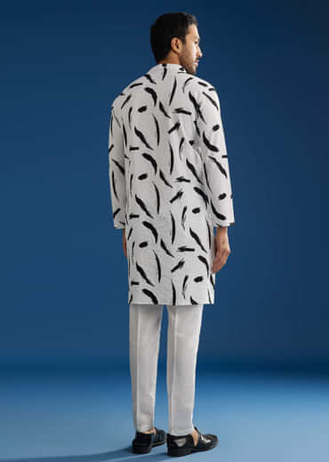 White Silk Kurta Set With Abstract Prints