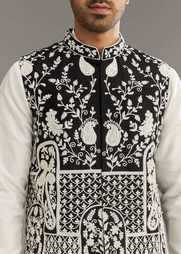 White Silk Kurta Set With Black Dori And Zardosi Jacket