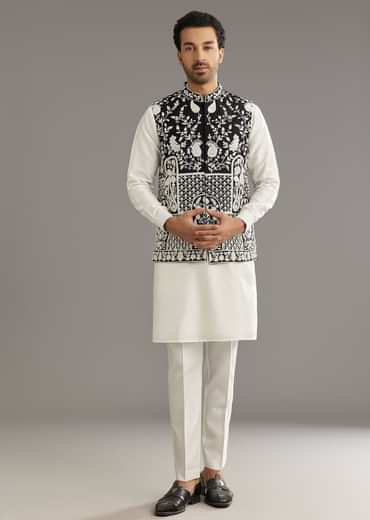 White Silk Kurta Set With Black Dori And Zardosi Jacket