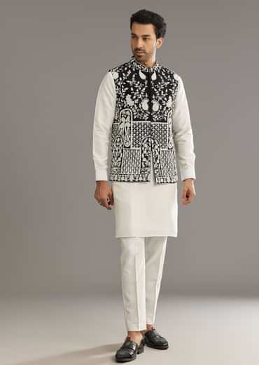 White Silk Kurta Set With Black Dori And Zardosi Jacket