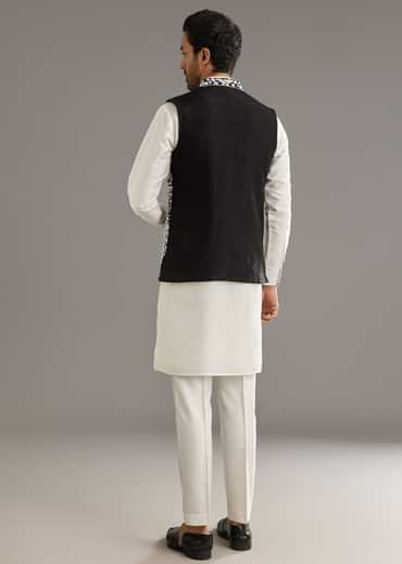 White Silk Kurta Set With Black Dori And Zardosi Jacket