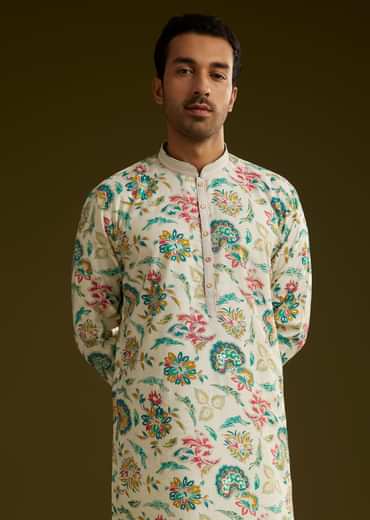 White Silk Kurta Set With Cold Coloured Nature Motifs