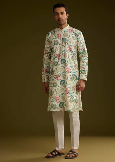 White Silk Kurta Set With Cold Coloured Nature Motifs