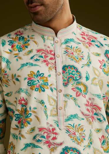 White Silk Kurta Set With Cold Coloured Nature Motifs