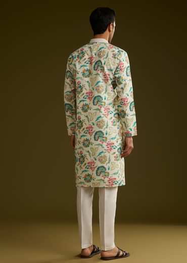 White Silk Kurta Set With Cold Coloured Nature Motifs