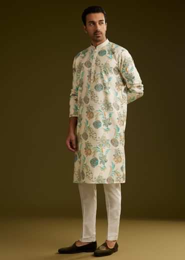 White Silk Kurta Set With Surreal Nature Prints