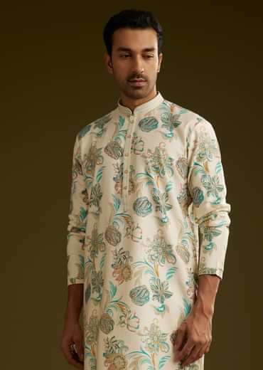 White Silk Kurta Set With Surreal Nature Prints