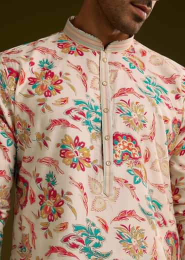 White Silk Surreal Nature Motif Kurta Set