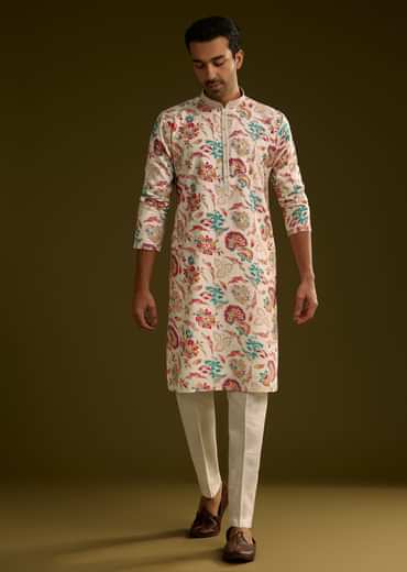 White Silk Surreal Nature Motif Kurta Set