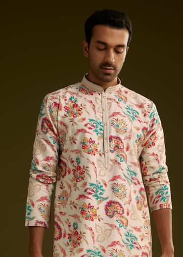 White Silk Surreal Nature Motif Kurta Set