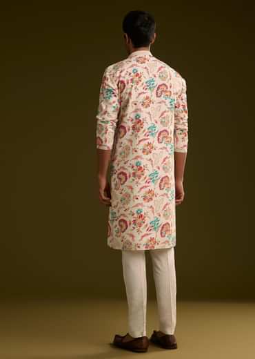 White Silk Surreal Nature Motif Kurta Set