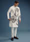 White Suiting Fabric Kurta Set For Men With Floral Print