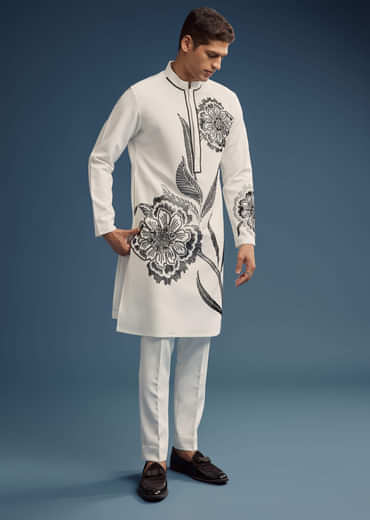White Suiting Fabric Kurta Set For Men With Floral Print