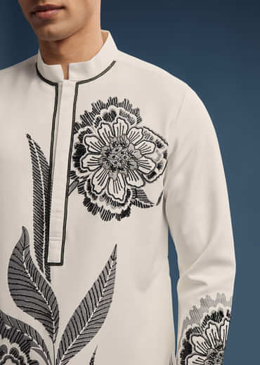 White Suiting Fabric Kurta Set For Men With Floral Print