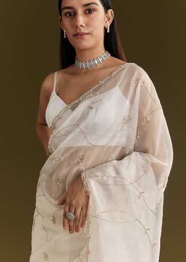 White Tissue Embroidered Saree With Scallop Border