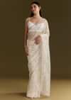White Tissue Embroidered Saree With Scallop Border
