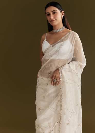 White Tissue Embroidered Saree With Scallop Border