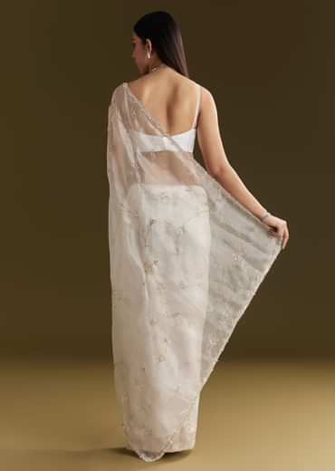 White Tissue Embroidered Saree With Scallop Border