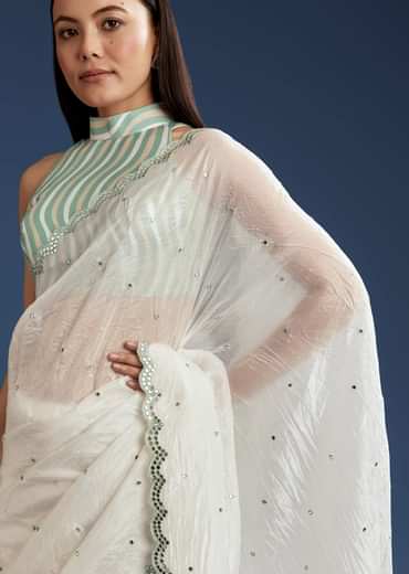 White Tissue Saree With Contrast Border