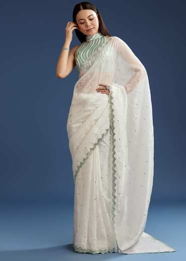 White Tissue Saree With Contrast Border