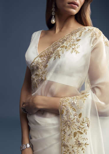 White Tissue Saree With Floral Cutdana Embroidery