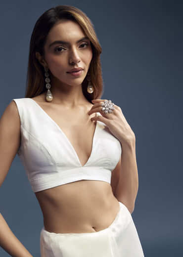 White Tissue Saree With Floral Cutdana Embroidery