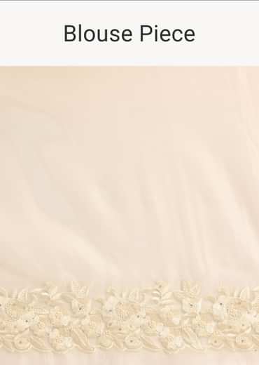 White Satin Saree With Floral Motif Thread Work And Unstitched Blouse Piece