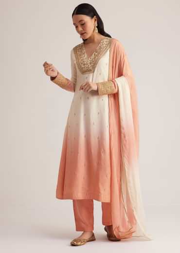 White and Peach Ombre Embroidered Suit