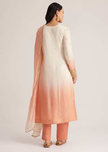 White and Peach Ombre Embroidered Suit