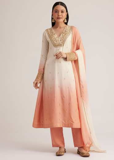 White and Peach Ombre Embroidered Suit