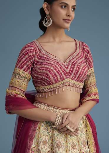 White And Pink Crepe Lehenga Set With Sequins And Cut Dana Work